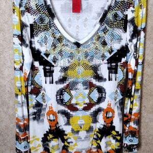 V Cristina Geo Print Beaded Top, M